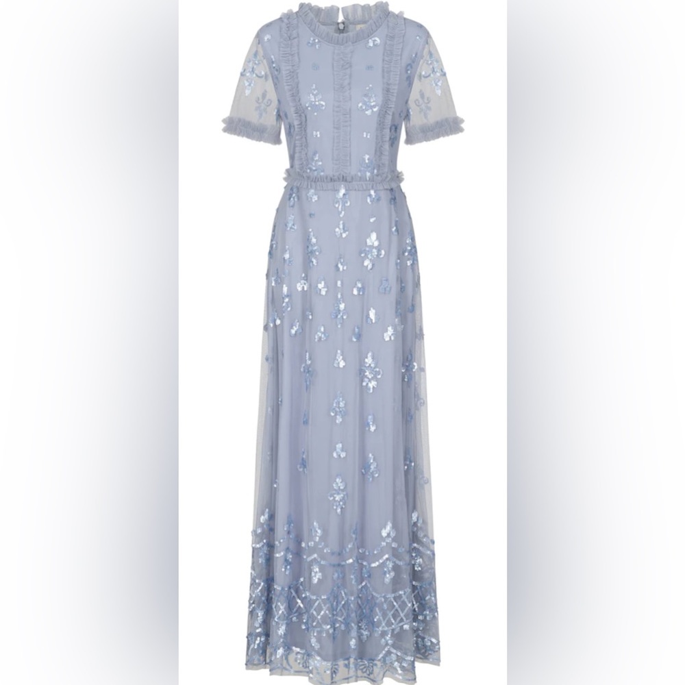 Amelia Rose Shirley Blue Sequin Maxi Dress With Ruffled Trim, Size 6